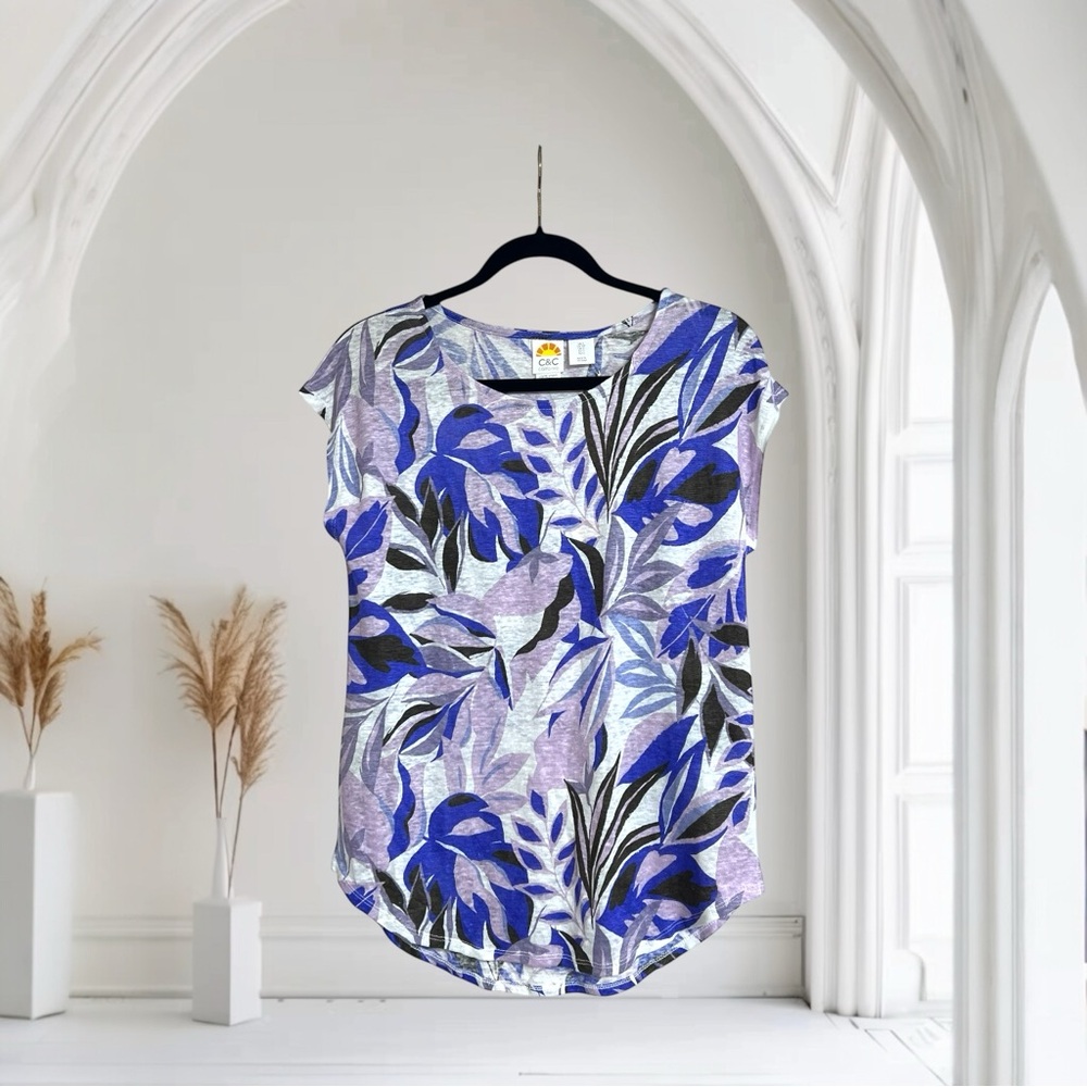 CeCe Pullover Top Floral‎ Cap Sleeves Shirt 100% Linen Blouse